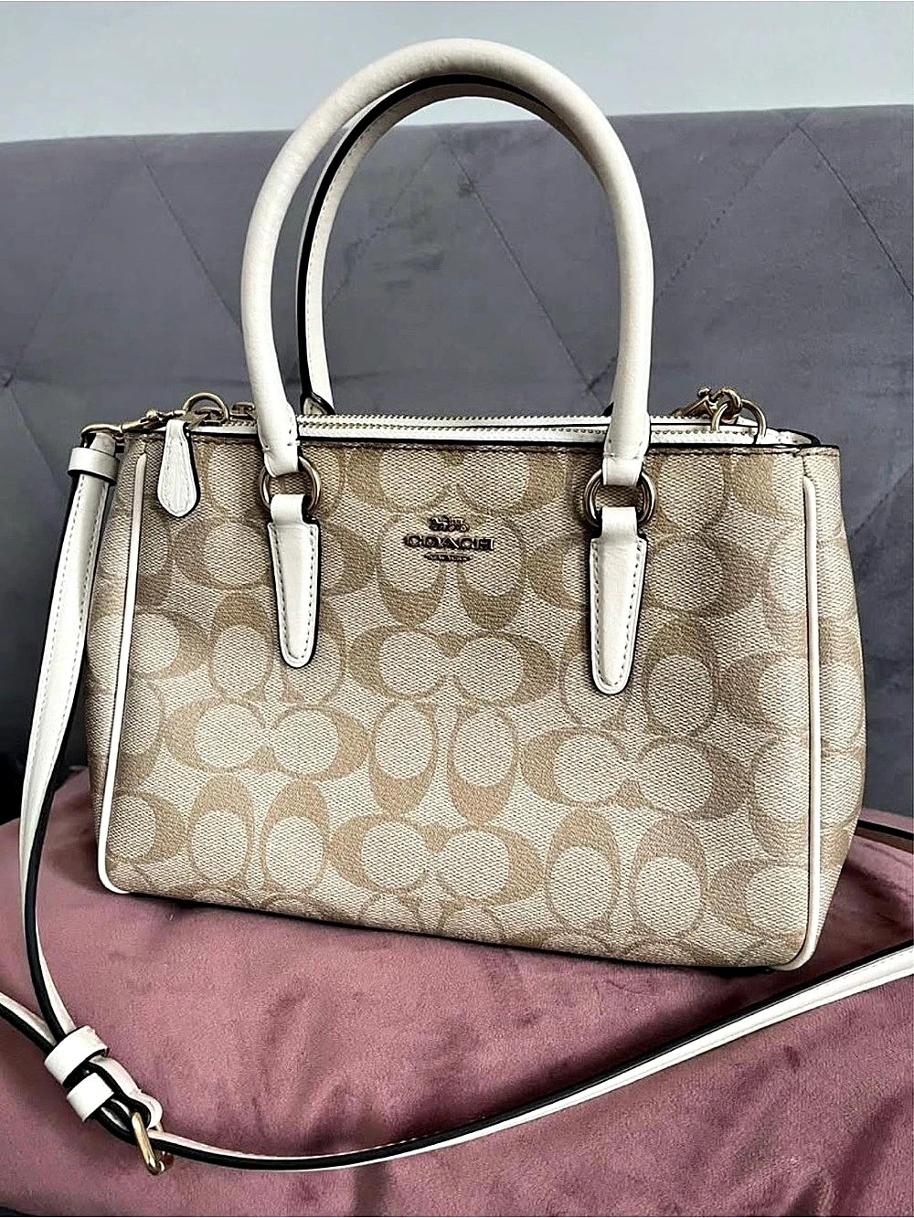 Coach Mini Surrey Carryall in Signature Canvas Satchel Beige & White
